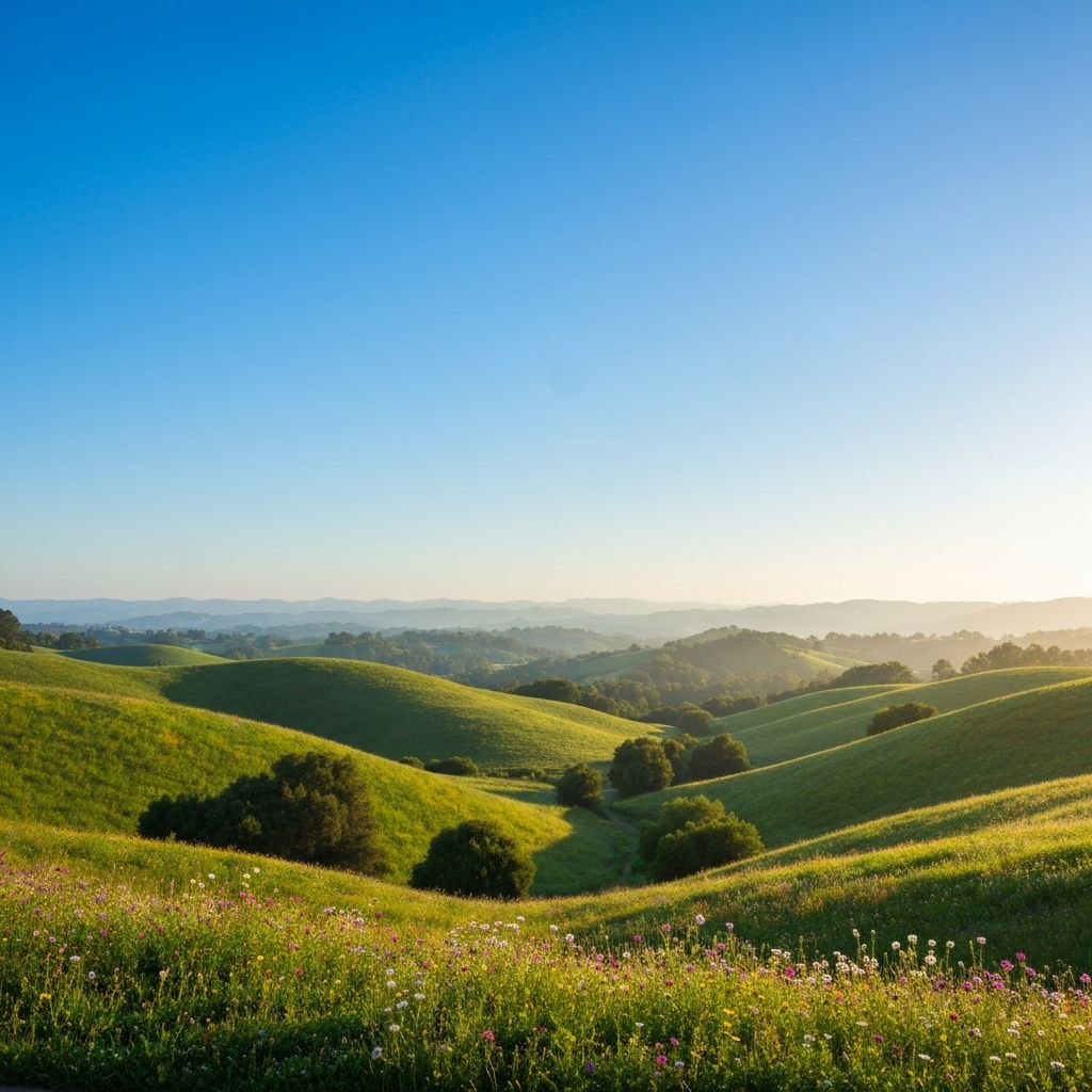 Peaceful natural landscape with rolling hills and clear sky representing wellness